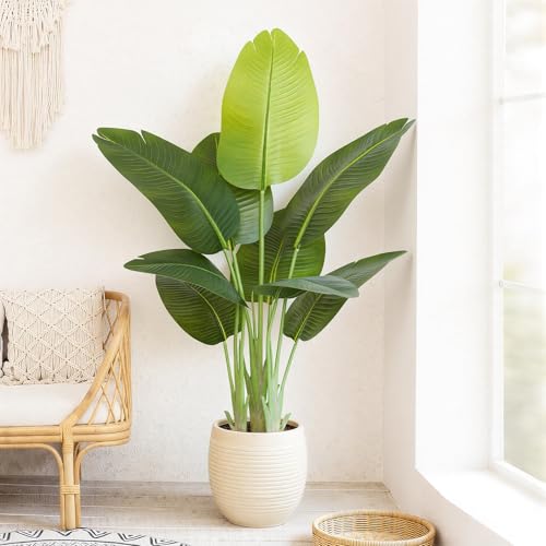 Lifelike Bird of Paradise Artificial Plant 4ft Faux Banana Leaf Tree with 9 Trunks for Home Decor - Perfect Indoor Silk Floor Plant for Living Room, Office, and Bedroom Ambiance Enhancement - size: 4ft