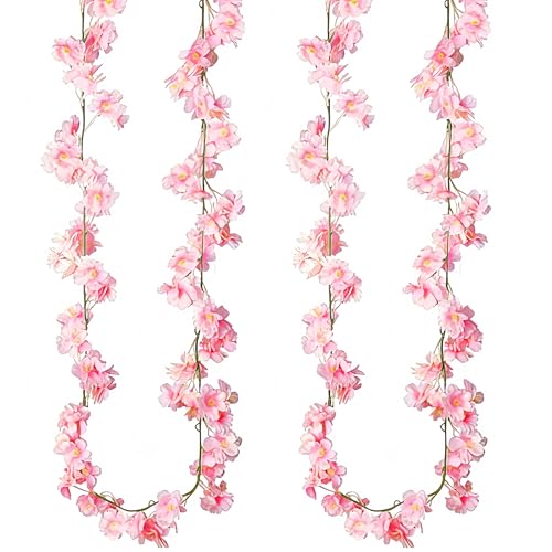 2 PCS Deep Pink Artificial Cherry Blossom Garland, 135 Head Flowers Vine with Green Leaves for Spring Home Decor, Wedding, Party, Indoor Decoration, Mother's Day and Valentine's Day Gifts - color: 2pcs 135-head Deep Pink