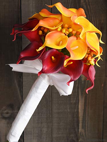 FiveSeasonStuff Real Touch Calla Lily Artificial Flowers Wedding Bridal Bouquet | Floral Arrangements | 15 Calla Lilies (Sunset Orange) - color: Sunset Orange