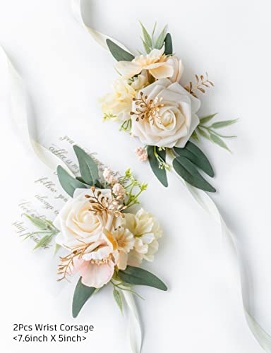 Set of 2 Wrist Corsage Wristlet for Wedding Bridesmaid Mother Grandmother for Bridal Shower Wedding Artificial Roses Flower Prom (Champagne) - color: Champagne