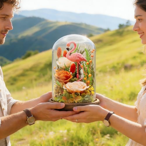 Eternal Flowers with Flamingo-Big Flower Big Love- Graduation Flowers Gifts for Daughter Wife Mom-Forever Flower in Glass Dome-Flowers for Delivery Prime on Anniversary Valentines Birthday(Champagne) - color: Champagne