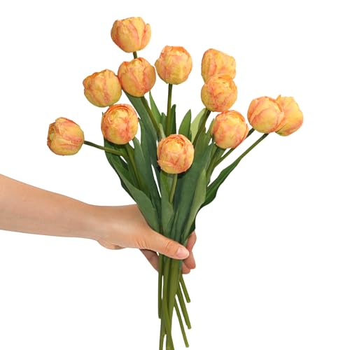 12 Pcs 15 Inch Orange Tulips Artificial Flowers for Home Decor | Silk Realistic Artificial Fall Flowers, Multilayer Petals, for Home Office, Parties, Floral Arrangements, Table Centerpieces - color: Orange