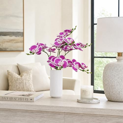 6 Purple Orchid Artificial Flowers Real Touch, 23'' Artificial Faux Realistic Latex Orchid Stem Bouquets, Fake Phalaenopsis Flower for Wedding Home Arrangement Décor (6, Rose red + White Edge) - color: Rose Red + White Edge