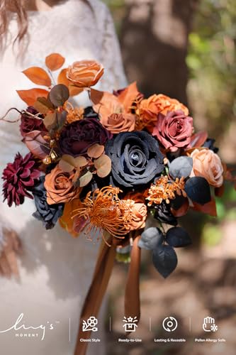 Ling's moment Fake Flowers Box, Faux Artificial Greenery Stems Foam Roses Silk Peony Eucalyptus Fabic Flower for Centerpieces Bouquet Wedding Vase Floral Decorations, Black & Orange, Grand Combo - color: Blk-black & Orange, size: Grand