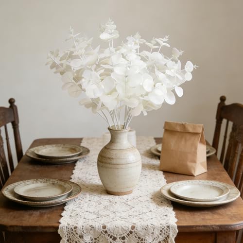 GREENTIME 2 Pack White Eucalyptus Stems with 20 Branches 18.5'' Artificial Flower Bouquet for Vase Wedding Table Centerpiece Decor - color: White - Eucalyptus Stems