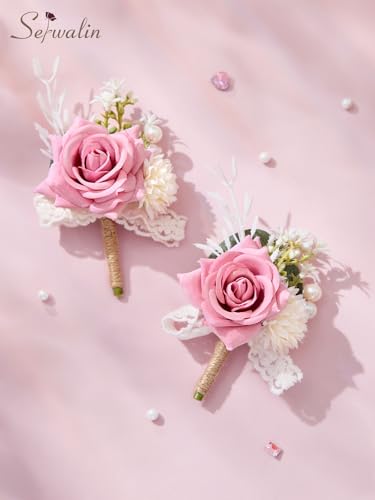 Serwalin 2 Pcs Pink Boutonniere for Men, Groom Groomsmen Best Man Guest Boutonnieres，Artificial Flowers Silk Rose for Wedding Prom Ceremony Anniversary Party Homecoming - color: Pink, size: Boutonniere 2pcs