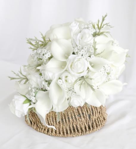 10.2 Inch Cascading Bride Bouquet for Wedding Cascade Artificial White Rose and Calla Lily Flower Waterfall Bridal Wedding Bouquet Rustic Bridal Shower - color: White Rose, Calla Lily & Gypsophila