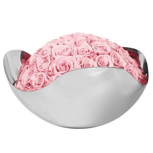 JoyFlower Preserved Roses in Stainless Steel Bowl Style Tray, Eternal Flowers Table Centerpiece for Home Decor, Dining Table, Living Room, Wedding,Anniversary,Luxury Floral Arrangement(Large, Pink) - color: Pink, size: Large