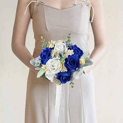 Rinlong 7" Wedding Bouquet for Bride, Navy Blue Silk Bridal Bouquet - color: 17-sapphire Blue