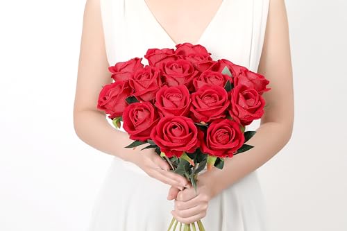 SITUMEIZI 15PCS Red Artificial Roses Silk Flowers Fake Roses Realistic Bouquet Long Stem with Gift Box for Mother's Gift Day Home Party Wedding Decorations - color: Red