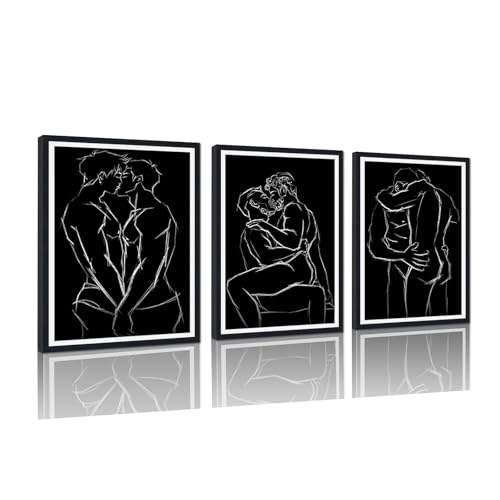 Gay Couple Canvas Wall Art 3 Piece Intimate Man Line Posters Abstract Black and White Male Figure Prints Artwork Wall Decor for Living Room Bedroom Bathroom Hotel Framed Ready to Hang 12x16inchx3pcs - color: Art02, size: 12x16x3Pcs Black Framed