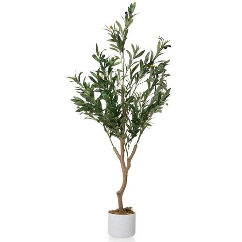 Faux Olive Tree 4FT, Olive Plant Trees Artificial Indoor with Wood Trunk and Realistic Leaves and Fruits, 48in Fake Floor Plants Olive Tree for Home House Office Décor