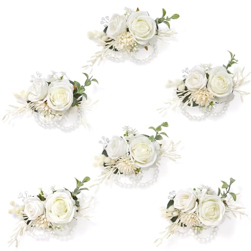 Serwalin 6 PCS White Wrist Corsage for Wedding, Corsages Wristlet for Bridesmaid Mother Grandmother Girl, Artificial Flowers for Prom Ceremony Homecoming Anniversary - color: A White, size: Corsage 6pcs