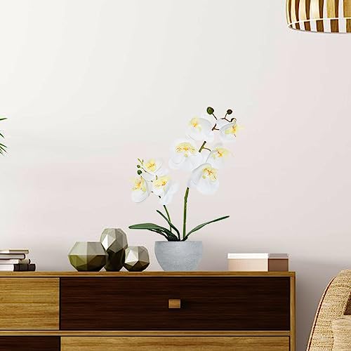 White Orchid Artificial Flowers 2 Stems in Grey Pot, Potted Faux Orchid Flower for Home Bathroom Table Living Room Office Kitchen Decor - color: White