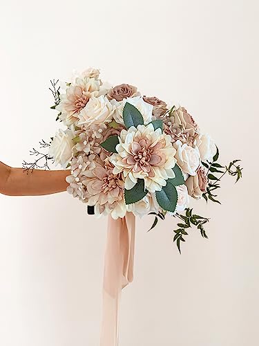 FACINOC Roses Artificial Flowers Bouquets Box Set for DIY Bridal Wedding Shower Decorations Centerpieces for Table Fake Floral Arrangement for Party Home Decor Indoor Taupe Beige - color: O (Beige, Taupe)