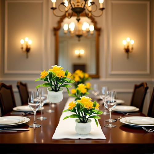 2Pcs Yellow Artificial Flowers, Fake Flowers, Artificial Plants Indoor, Artificial Potted Plants 5 Rose Flower Head Wedding Faux Floral Bonsai Indoor Outdoor Desktop Decoration