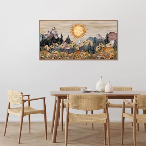 Rantodecor Boho Mountain Framed Canvas Wall Art, Western Daisy Floral Landscape Wall Decor, Rustic Fern Flowers Art Painting, Modern Fantasy Nature Sun Artwork for Bedroom Living Room Office 40"x20" - color: Boho Mountain, size: 40"L x 20"W