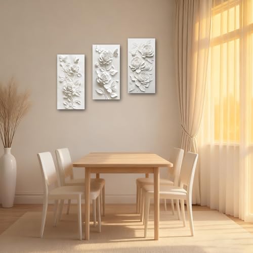 SWQYLB 3 Panel Flower Wall Art 3D Relief Floral Canvas Painting Abstract Butterfly & Rose Pictures Prints White Textured Wall Decor for Home Framed (Gray, 16x8inchx3 Pieces) - color: Gray, size: 16x8inchx3 Pieces