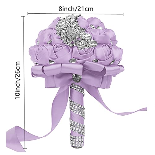 XINNI Handmade Bridal Wedding Bouquet Bride Bridesmaid Satin Rose Flower Bouquet with Meteor Shower Shape Rhinestone Wedding Decoration Light Purple - color: Light Purple