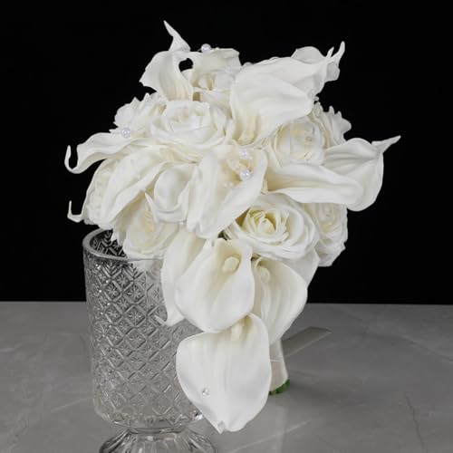 9.1 Inch Cascading Bridal Bouquet Waterfall Calla Lily Cascade Bridal Wedding Bouquet for Bride with Artificial Cally Lily and Rose Flower Rustic Ivory - color: Ivory Calla Lily & Rose
