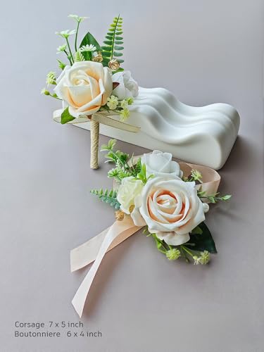 Corsage and Boutonniere Set with Champagne Roses for Bride, Groom, Bridesmaids Groomsmen Weddings, Proms, Homecomings. Perfect Party Suit Decor Wedding Flowers Accessories (Champagne) - color: Champagne