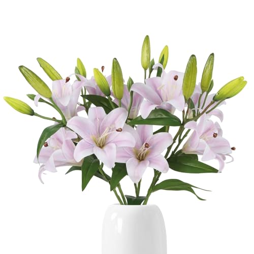 Artificial Lilies 6PCS 26.7" Silk Lily Flowers with 12 Heads Fully Bloomed Lilies and 18 Buds, Long Stem Faux Lilies for Home Party Wedding Easter Decor(Light Purple) - color: Light Purple