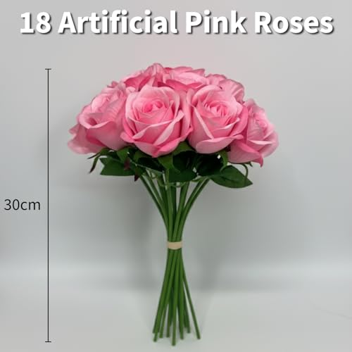 Pink Artificial Roses, Bunch of 18 Fake Pink Roses with Stems, (12") 30cm Silk Flowers Bouquet for Outdoor & Indoor Events Wedding Party Home Decoration & Gifts-DIY & Crafts - color: Pink