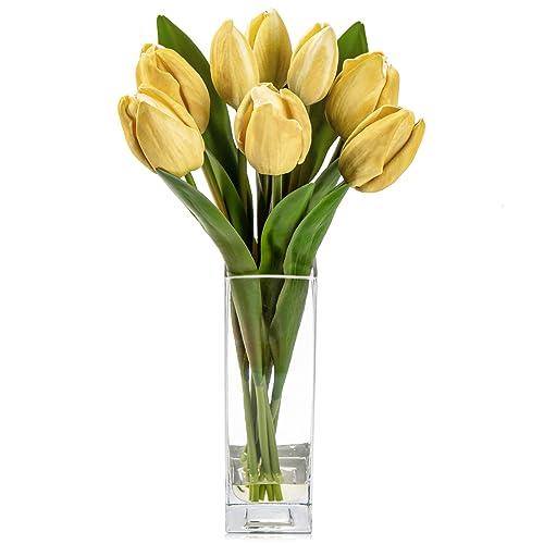 Briful Fake Flowers Artificial Tulip Flower Khaki in Clear Vase, Real Touch EVA Tulip Arrangement Suitable for Home Office Fall Decoration, Dining Table Centerpiece - color: Khaki
