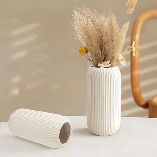 Ceramic Vase for Flowers – Modern Small Ribbed Textured Flower Vase for Home Decor, Pampas Grass, Decorative, Farmhouse, Coffee Table, Kitchen Centerpieces, Bookshelf and Home Living (White) - color: White