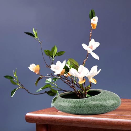 Japanese Ikebana Vase Kit w/ 1.57" Kenzan, Ceramic Pebble Bowl - color: Green