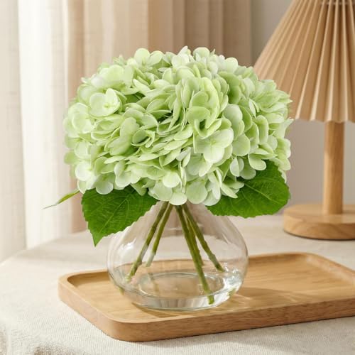 Real Touch Artificial Hydrangea in Vase,Premium Faux Flowers with Faux Water for Home Decoration,Coffee Table,Wedding,Green Fake Hydrangea with Vase for DIY Floral Arrangements - color: Green