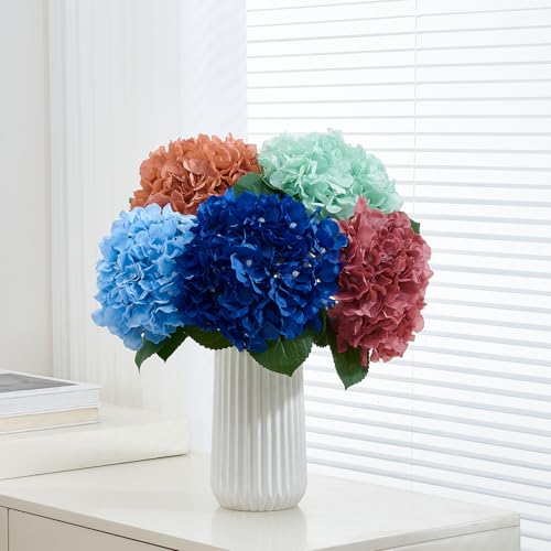 8Pcs Blue Fake Flowers Silk Hydrangea Artificial Flowers Bouquets Faux Hydrangea Stems for Home Table Centerpieces Wedding Party Decoration - color: Blue