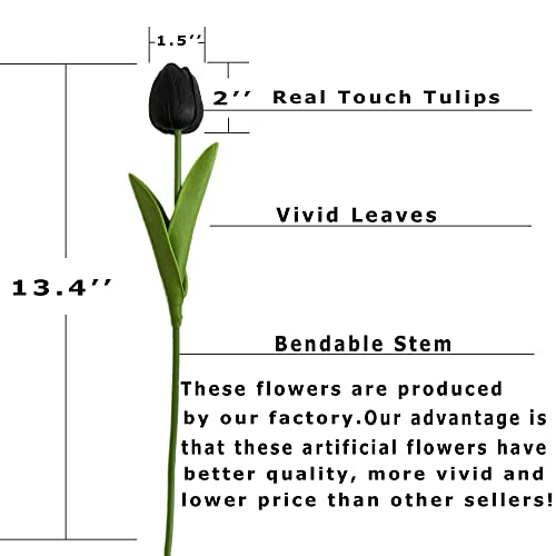 UKELER 24 Pcs Black Flowers Tulip Artificial Flowers Real Touch PU Tulip Flowers for Home Decorations Centerpieces Arrangement Wedding Bouquet - color: Black