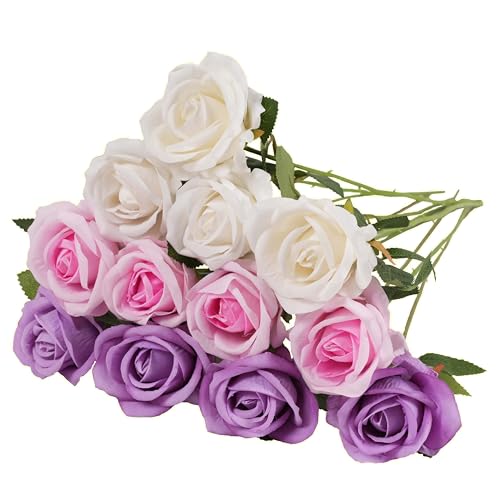 12PCS Artificial Realistic Silk Fake 3-Colored Roses Long Stem | 3 Colors Mixed Roses For Wedding Decoration, Party Table Decoration, Valentines Mother's Day - color: 4 Pink/4 White/4 Purple