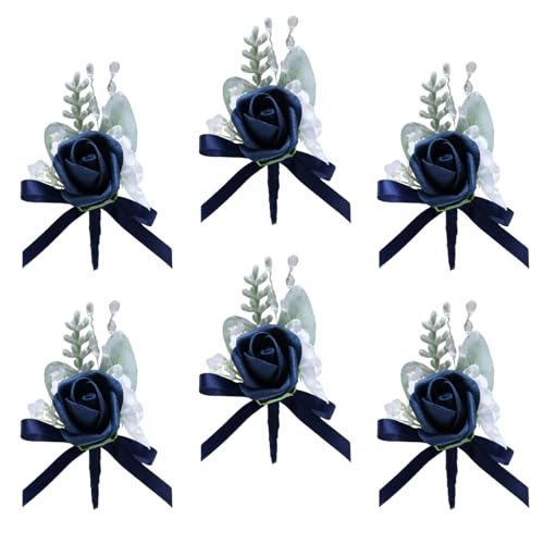 Marriwise 6pcs Rose Boutonniere for Men, Artificial Flowers Wedding Groom Groomsmen Boutonniere for Wedding/Anniversary/Prom/Rustic Wedding/Homecoming (Dark Navy Blue) - color: Dark Navy Blue