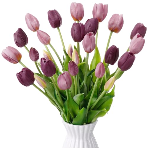 Riceshoot 30 Pcs Artificial Tulips Flowers 6 Bunches Faux Tulips Bouquets Arrangements Realistic Flowers for Office Wedding Party Kitchen Decoration(Mixed Purple) - color: Mixed Purple