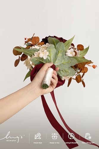 Ling's moment Red Bridesmaid Bouquets Set of 6,Burgundy & Burnt Orange Artificial Wedding Flower Bouquets Floral Bouquet Bridesmaid Bouquets with Ribbon, Ceremony, Anniversary, 7-inch Diameter - color: Rd-burgundy & Burnt Orange