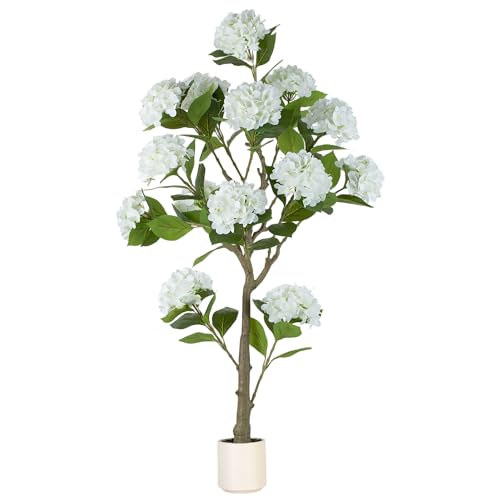 BLOSMON White Hydrangea Artificial Trees: 5ft Real Touch Faux Hydrangeas Flower Tree with Pot for Front Porch Planters Decoration Outdoor - Fake Silk Floral Plant for Home Patio Entrance Decor Indoor - color: White Hydrangea