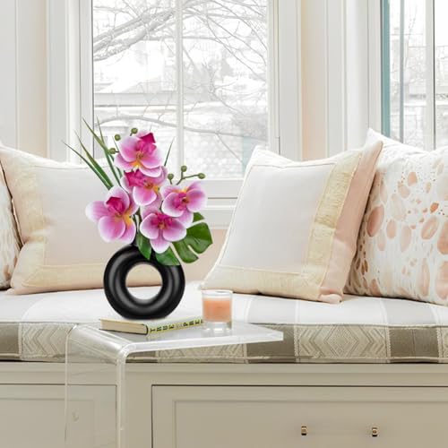 Briful 2PCS Pink Orchid Artificial Flowers in Black Ceramic Pot Silk Orchid Floral Arrangement Fake Orchid Plant for Home Office Dining Room Shelf Table Centerpiece Modern Decor - color: Pink