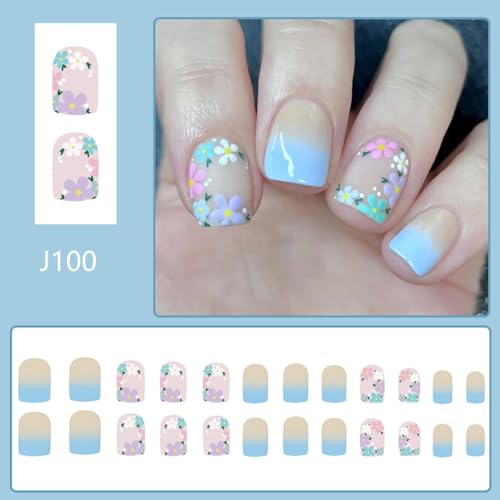 Flower Press on Nails Short Square Fake Nails Nude Blue False Nails with Colorful Floral Designs Full Cover Stick on Nails Glue on Nails Summer Nails Acrylic Nails for Women Girls 24 Pcs - color: Flower Square41