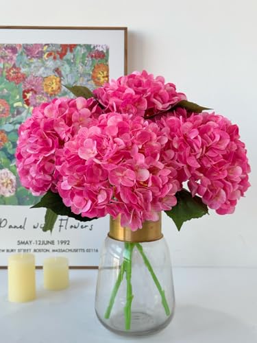 YalzoneMet 4Pcs Magenta Silk Hydrangea Artificial Flower Rose Red Lifelike Big Blooms 20'' Long Stem Faux Hydrangea Flower Bouquets for Home Party Indoor Outdoor Wedding Table Centerpiece Decor - color: Magenta