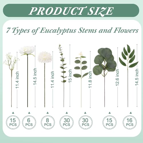 Yinder 120 Pcs 7 Kinds Artificial Eucalyptus Stems and Faux Flowers Bulk Mixed Fake Greenery Silver Dollar Eucalyptus Leaves Artificial Baby's Breath Dandelions for Wedding DIY Vase Floral Bouquets