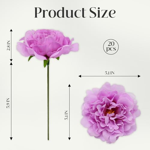 20 Pcs Artificial Flower Peonies, 5" Silk Fake Peonies with 6" Stems No Leaf, Faux Peonies Flowers for Decoration Wedding Home Party Centerpiece Decor Floral Art (Light Purple) - color: Light Purple