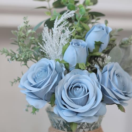 Faux Flowers with Vase,Artificial Silk Roses in Vase, Fake Plant Eucalyptus Flower Arrangement for Home Office Farmhouse Bathroom Dining Table Centerpiece Decorations Coffee Table Decor (Dusty Blue) - color: Dusty Blue