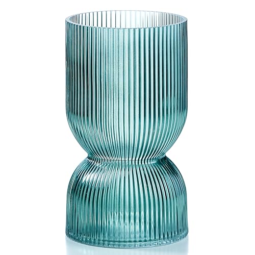7.5 inch Vase for Flowers, Teal Ribbed Thickened Glass Vases, Hourglass Bud Flower Vase for Bookshelf, Dinner Table, Indoor Office Desktop, Meeting Room, Bathroom, Home Decor, Christmas Decoration - color: Teal, size: 7.5 inch