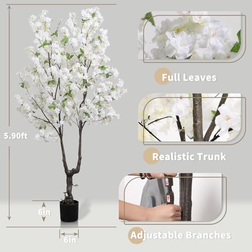 Faux White Cherry Blossom Tree 6ft(72in) Tall Artificial Japanese Sakura in Pot Realistic Cherry Plant Decor Handmade Natural Fake Pink Flower Tree for Christmas,New Year,Wedding,Living Room - color: Cherry Blossom(white 9), size: 6ft