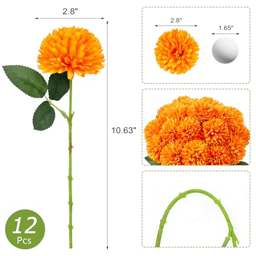 SITUMEIZI 12 Pcs Orange Artificial Chrysanthemums Flowers Ball Flower Fake Mums Silk for Fall Decor Halloween Thanksgiving Day Wedding Home Kitchen Decoration Floral Arrangement - color: Orange, size: 12 Pieces