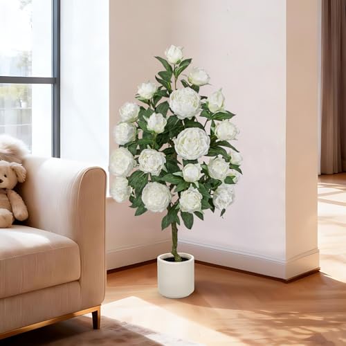 Hollyone White Fake Peonies Tree 4FT Peonies Artificial Flowers Tree in Pot Faux Peony Plants & Flowers in Planter Greenery Potted Plant Indoor Outdoor Front Door Porch Home Decor - color: 4ft - White