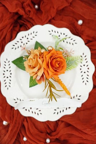 Orange Corsage and Boutonniere Set for Wedding Prom, Artificial Rose Flower Wrist Corsage Bracelets, Homecoming Corsage Wristlet, Boutonniere for Men Wedding Suit Decorations - color: Burnt Orange