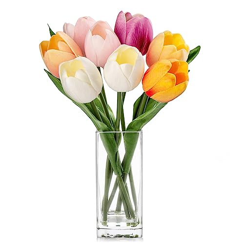 Briful Fake Flowers Artificial Tulip Flower in Clear Vase, Multi Color Real Touch Foam Tulip Arrangement Suitable for Home Office Decoration, Dining Table Centerpiece - color: Multi-colors